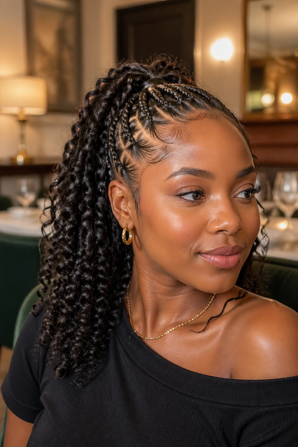 Close-up of a real Black woman with goddess braids and curly ends mid ponytail
