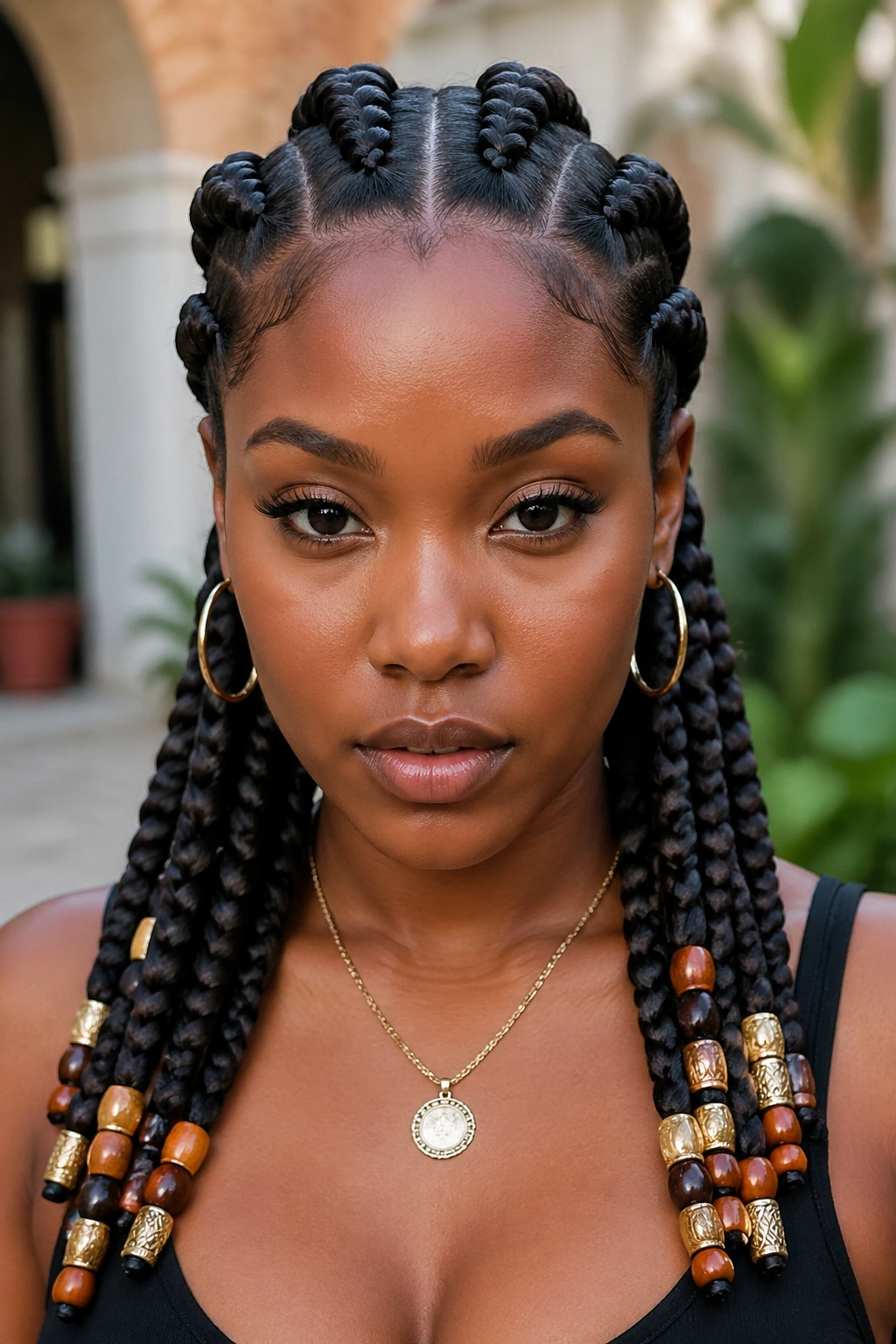 Close-up of a real woman with large goddess braids and beads in natural light