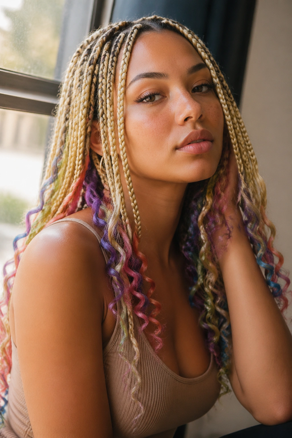 Close-up of blonde goddess braids with rainbow curly pieces on a real person