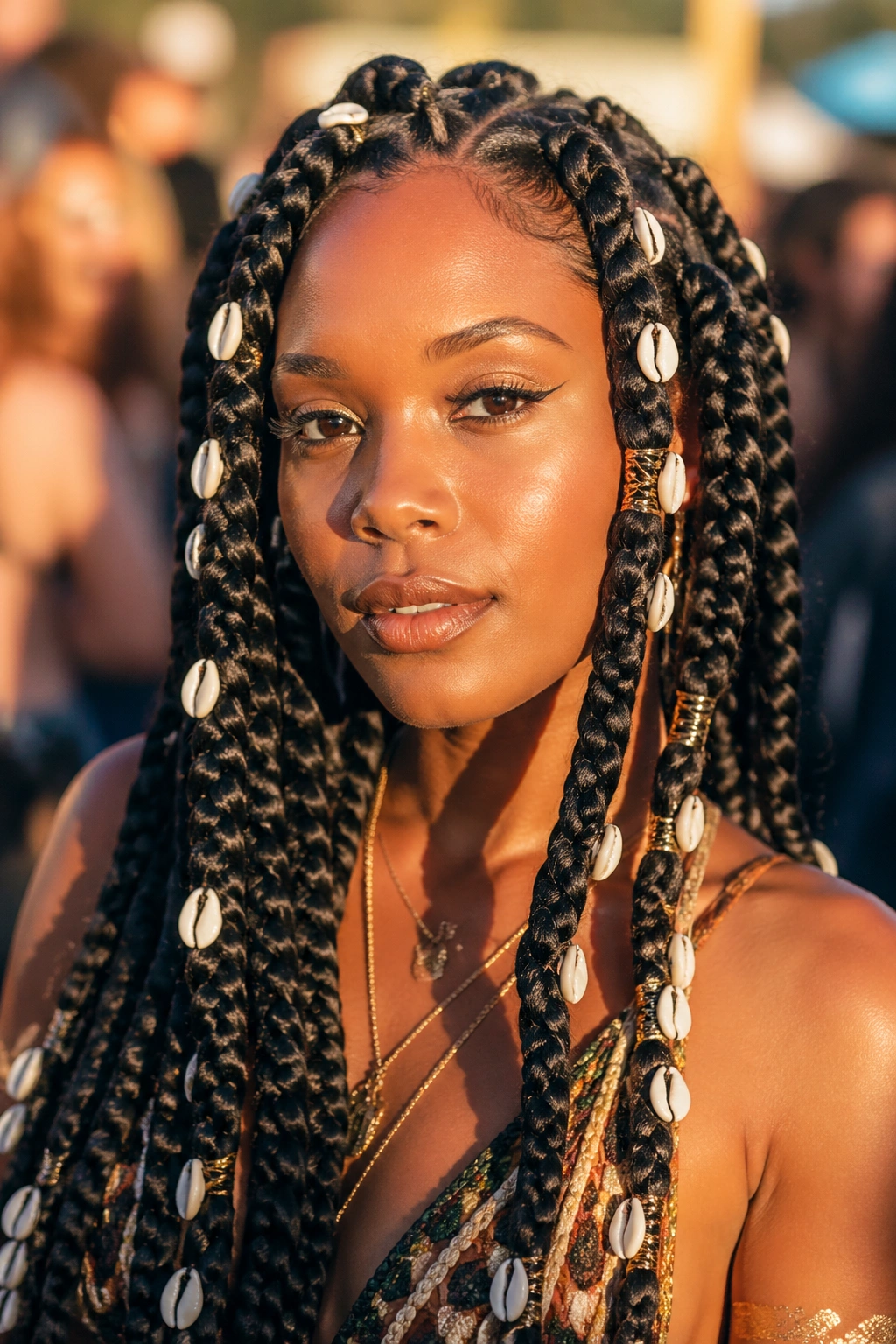 Close-up of goddess braids with cowrie shells on a real woman at a festival