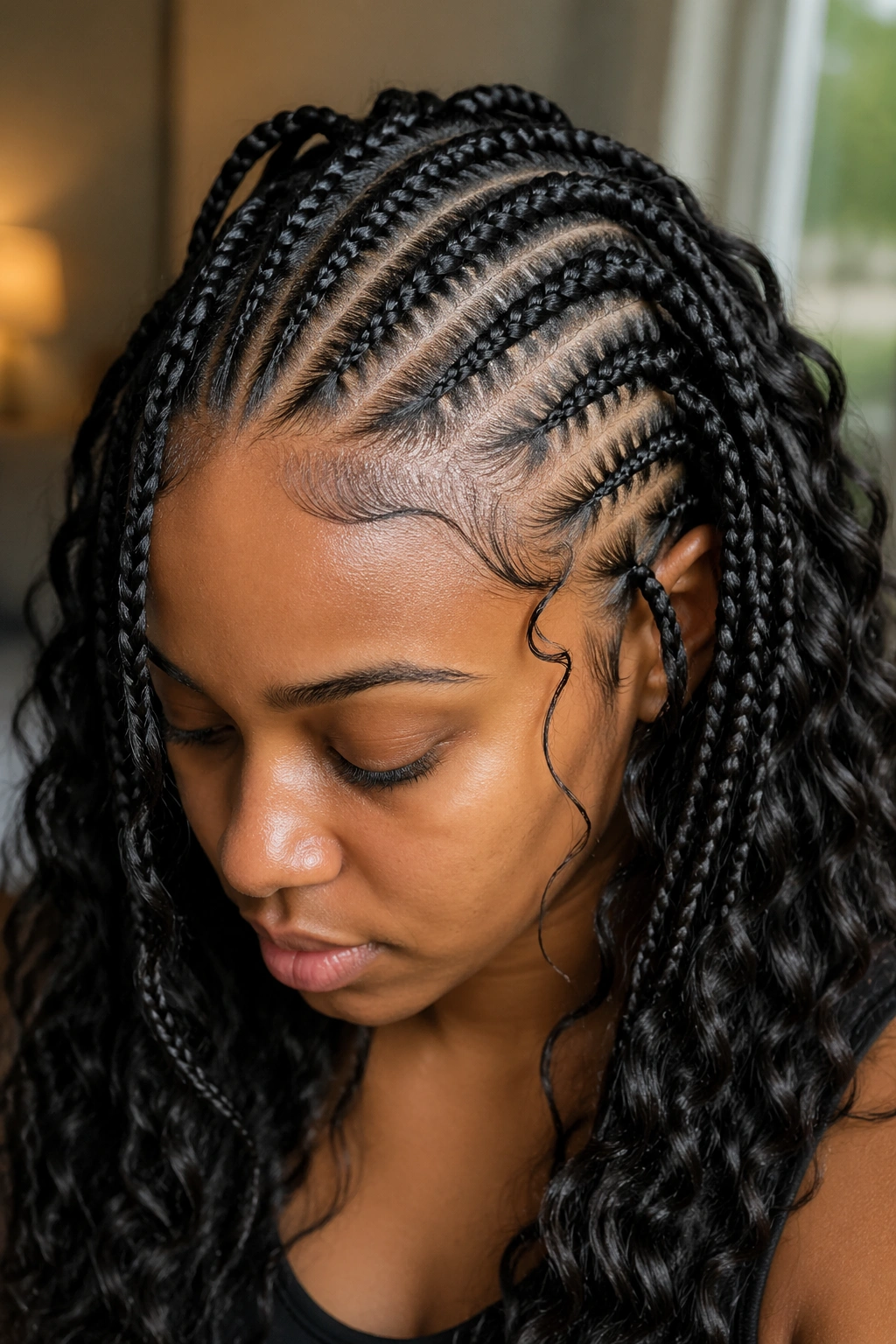 Close-up of a woman's front hairline with goddess cornrows showing tension and edges.