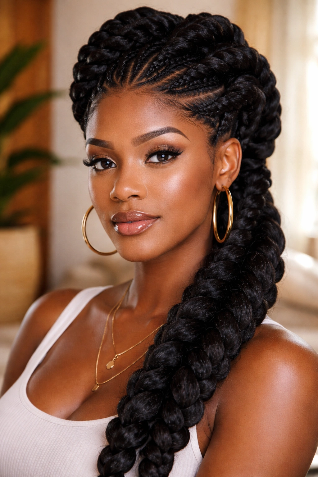Close-up portrait of a real woman wearing large goddess braids on thick afro hair in a sunlit bedroom.