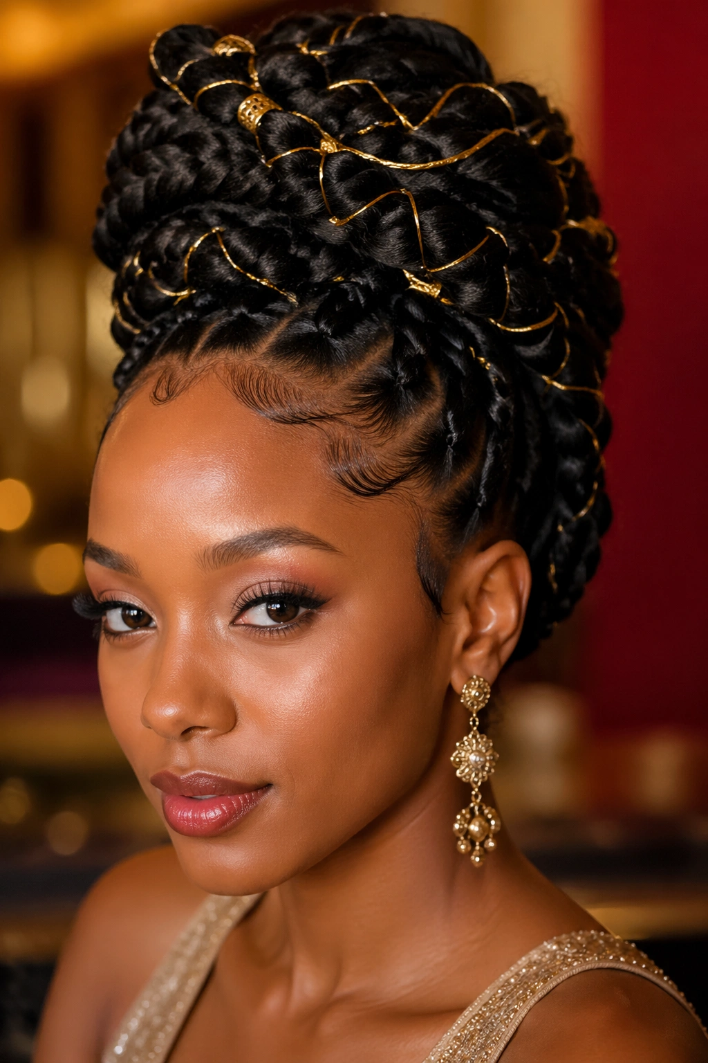 Goddess braids updo with gold-thread woven through large braids