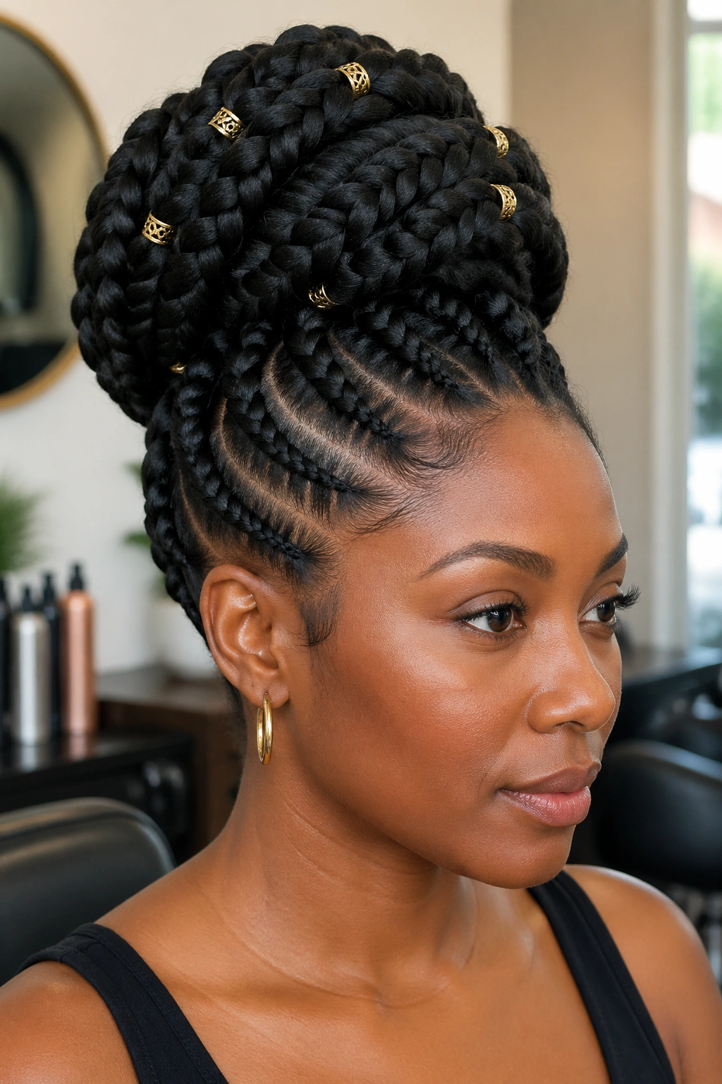 Close-up of a woman with goddess braids updo featuring a crown bun and gold cuffs.
