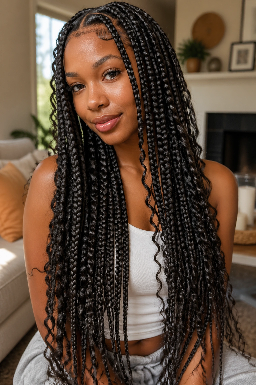 Close-up portrait of a real person with waist-length goddess box braids and soft curls