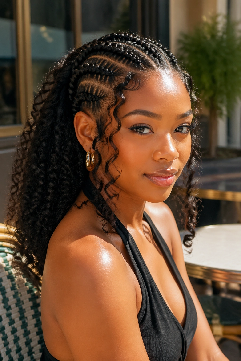 Close-up portrait of a real woman with goddess braids in the front and wispy curls at the back