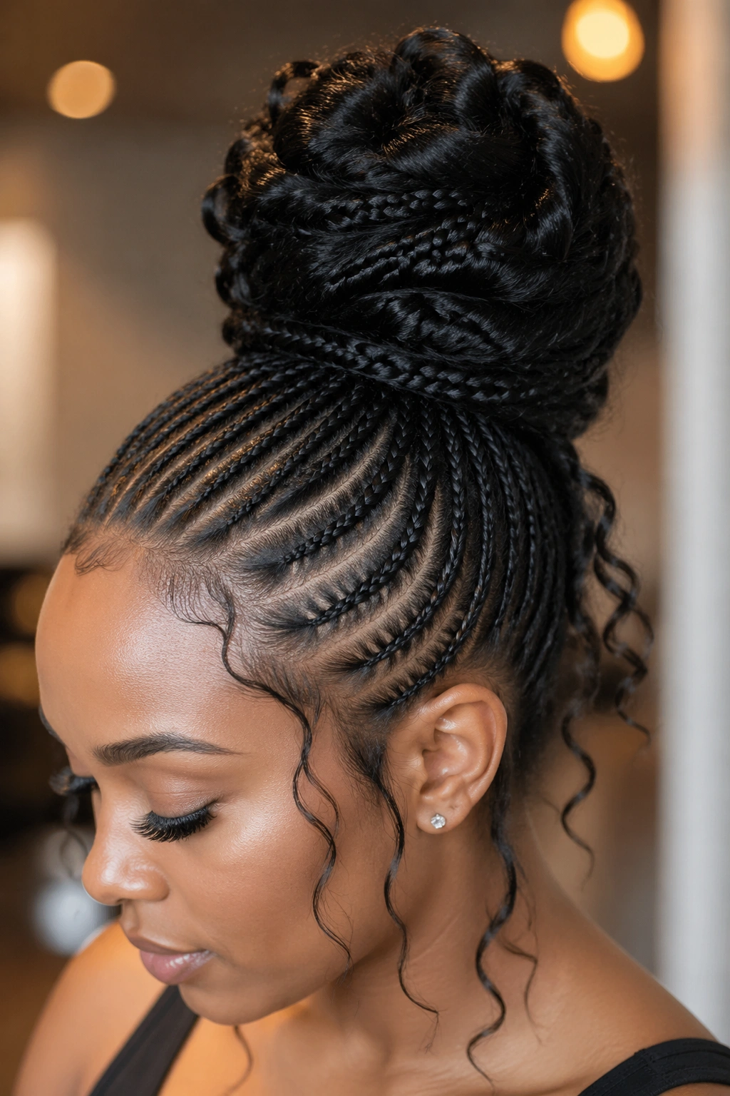 Portrait showing even cornrow tension, donut bun base, and intentional tendrils