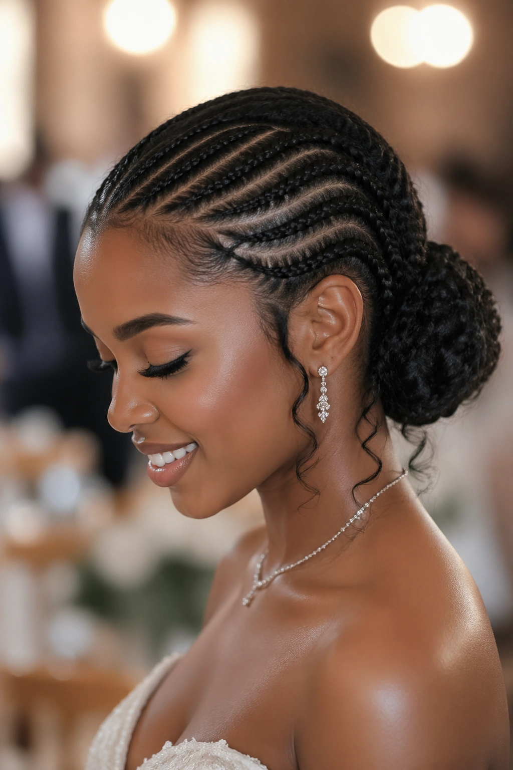 Close-up of a woman with a side-swept cornrow low bun and curling nape tendrils