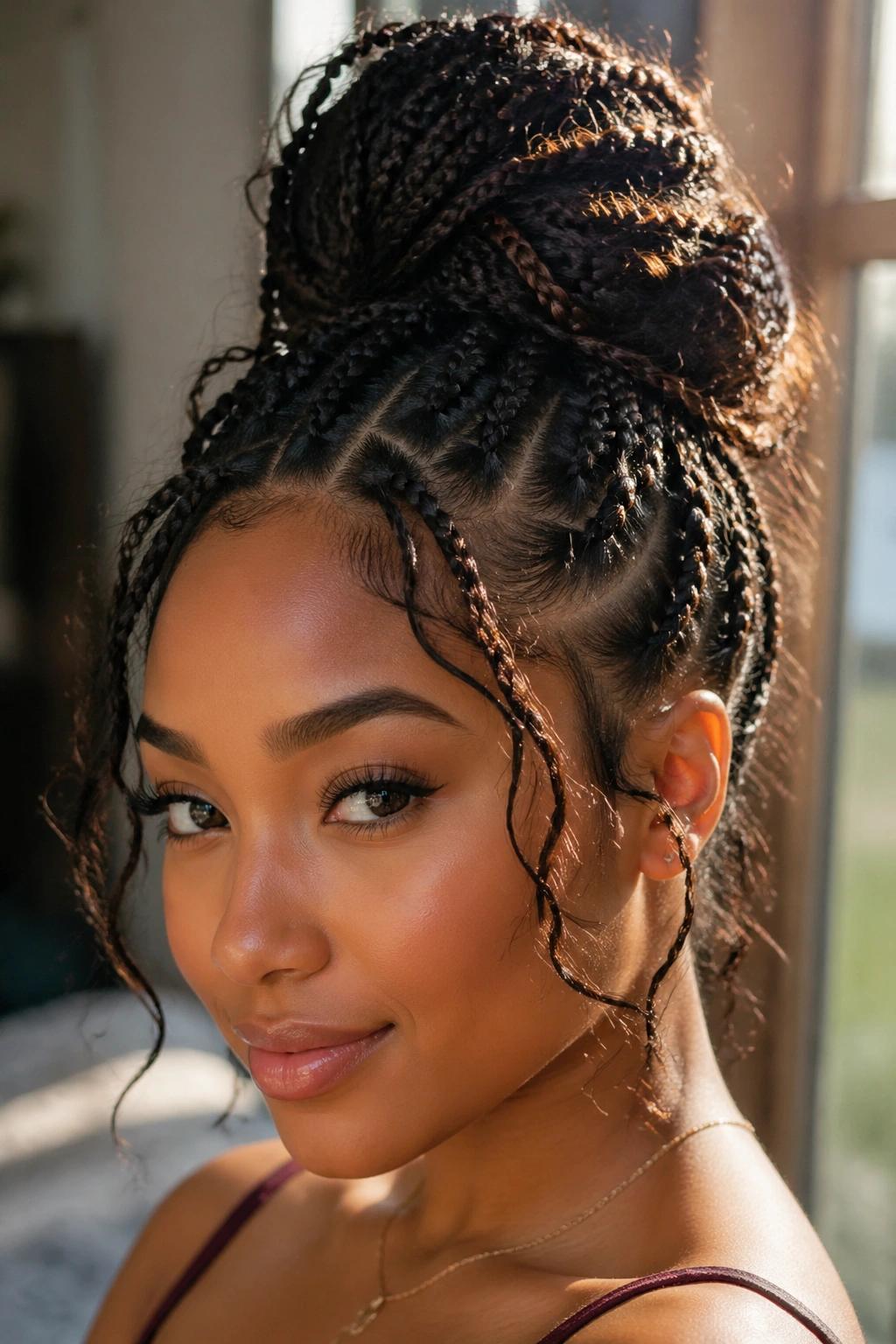 Close-up portrait of a real woman with a goddess cornrow bun and tendrils framing the face