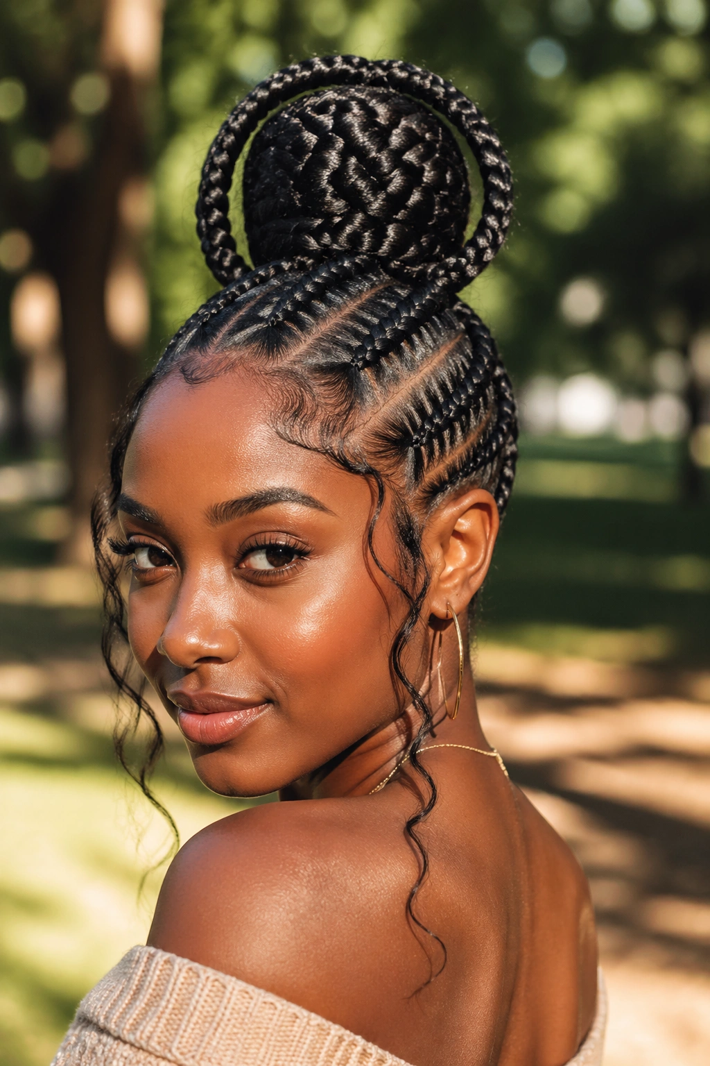 Close-up portrait of a real woman with an extended cornrow loop around a goddess bun