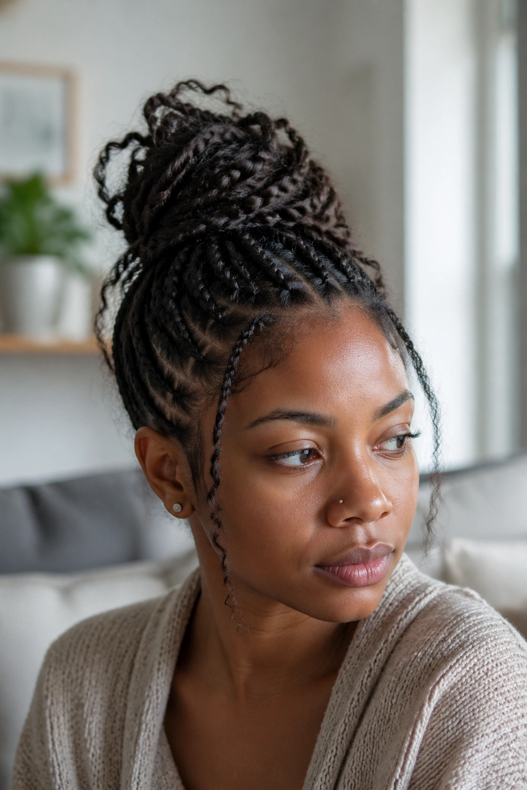 Close-up of a woman with a goddess bun showing signs of loosening, ready to take it down.