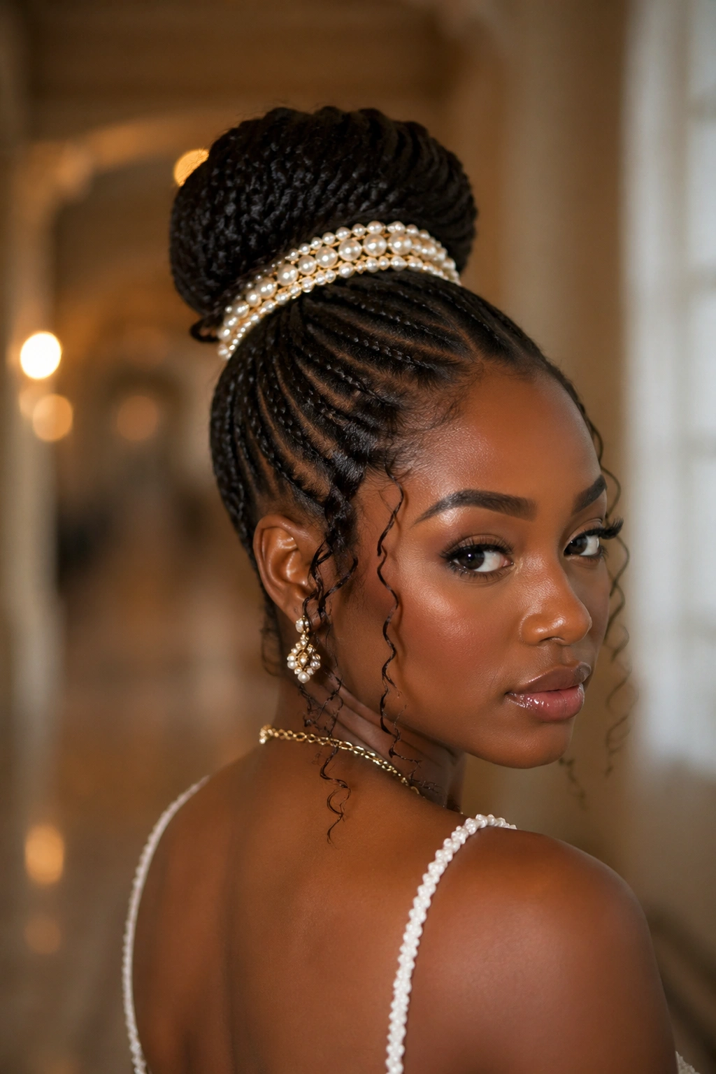 Close-up portrait of a real woman with a wrapped bun adorned with an accessory