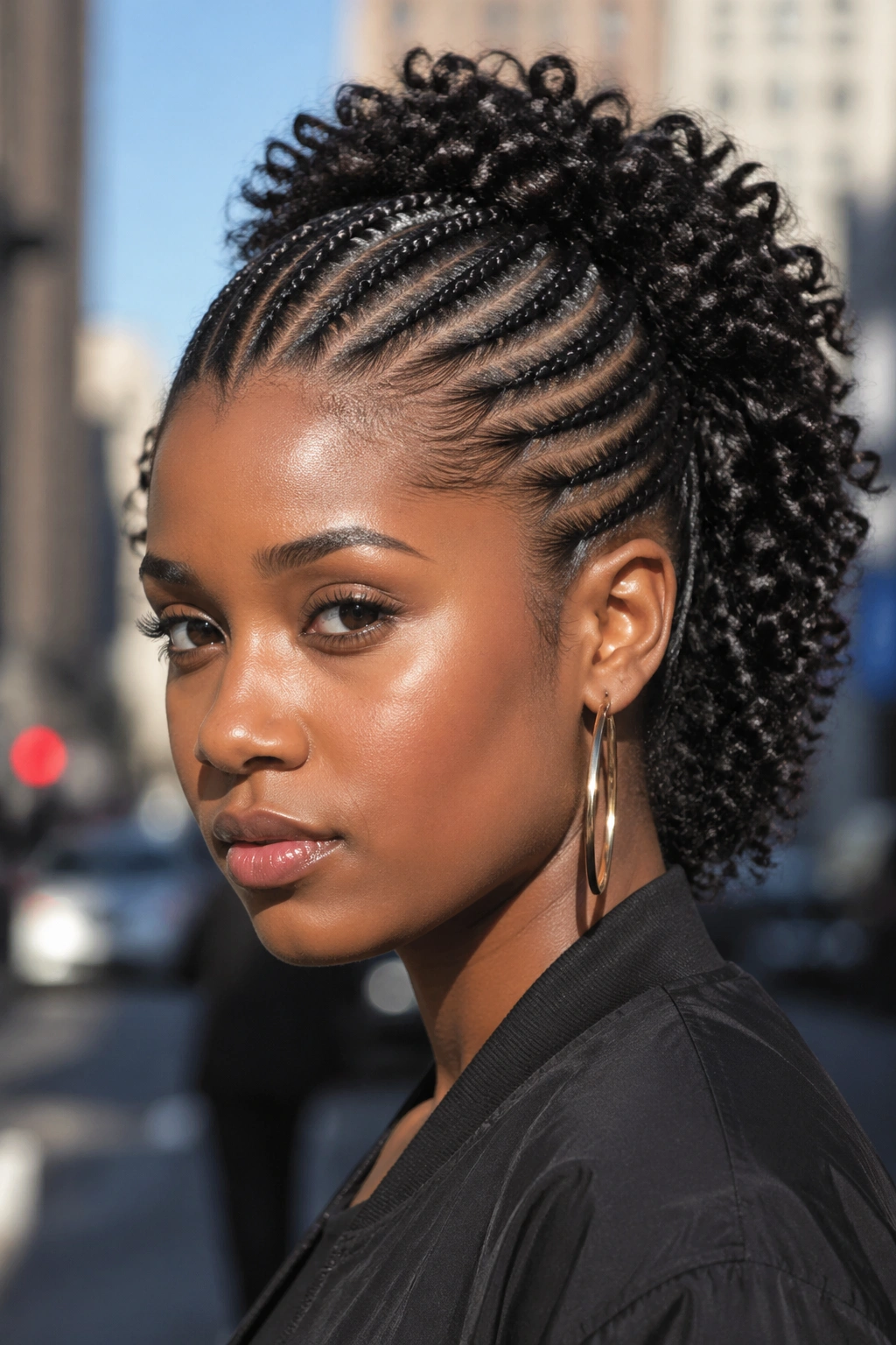 Real woman with center cornrow mohawk and curly back