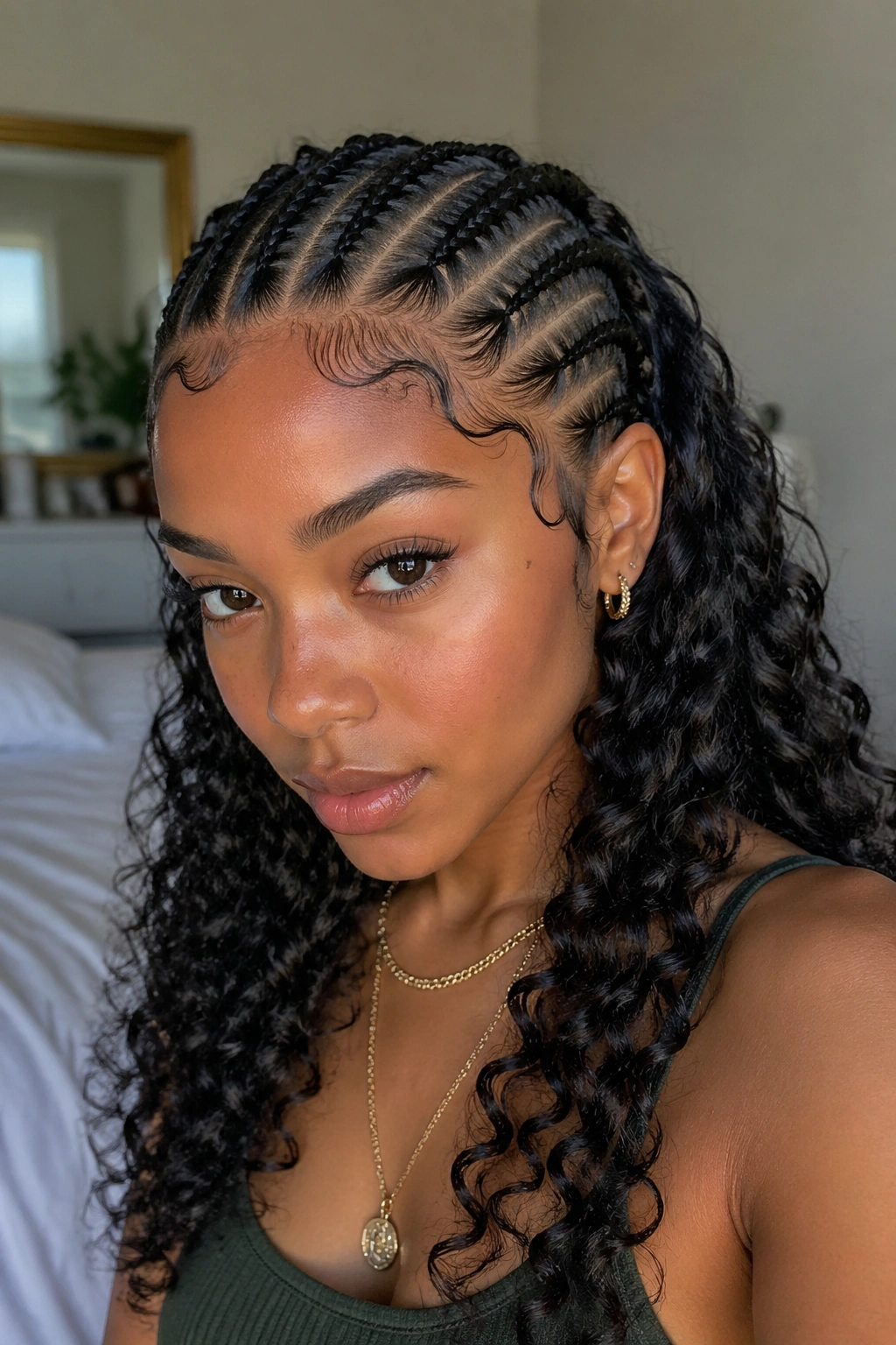 Close-up of goddess cornrows with curls and prominent baby hairs along the hairline.