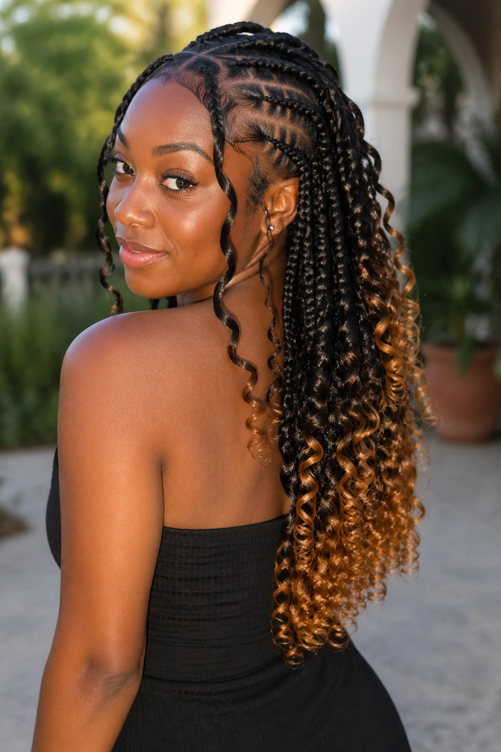 Portrait of woman with black goddess cornrows ending in caramel color at the ends