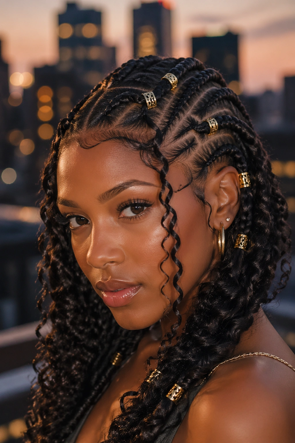 Close-up of goddess cornrows with curls and decorative cuffs on braids.