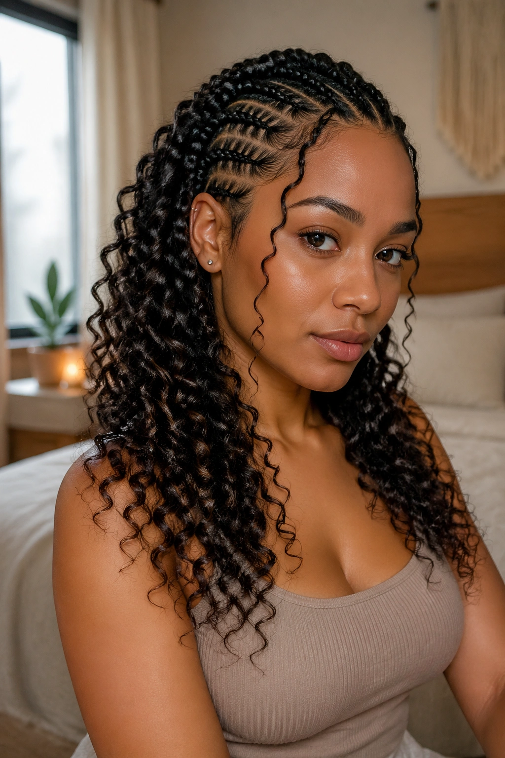 Portrait of a woman with goddess cornrows and defined curls in natural light.