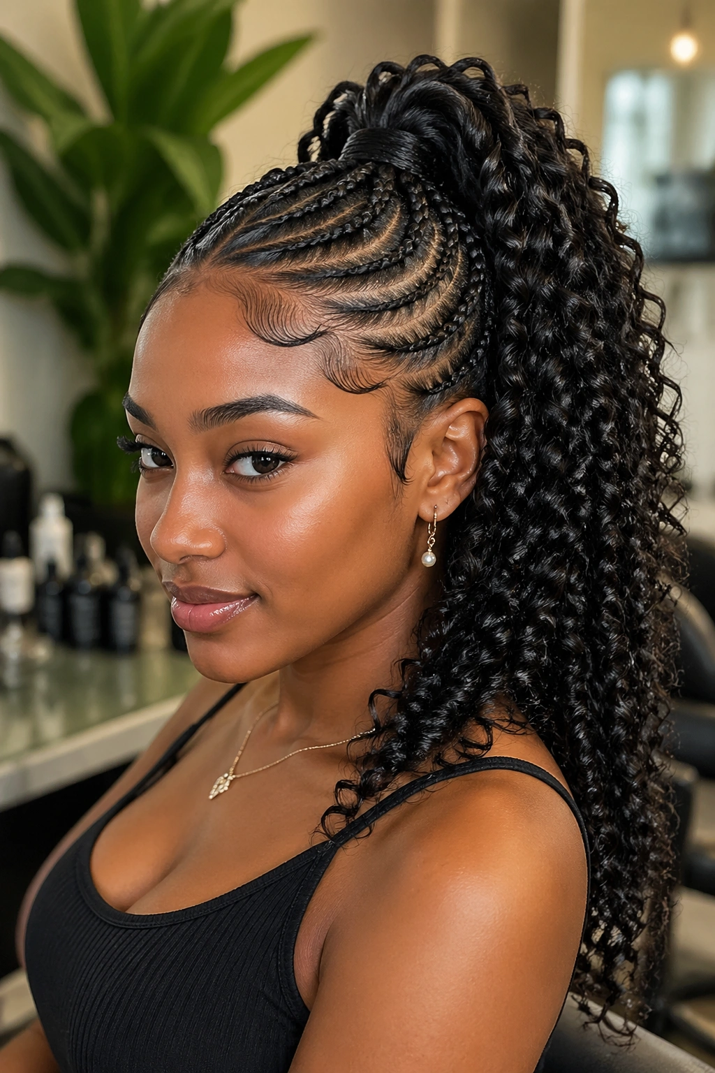 Close-up of a real woman with crown-high ponytail goddess cornrows and curling cascade.