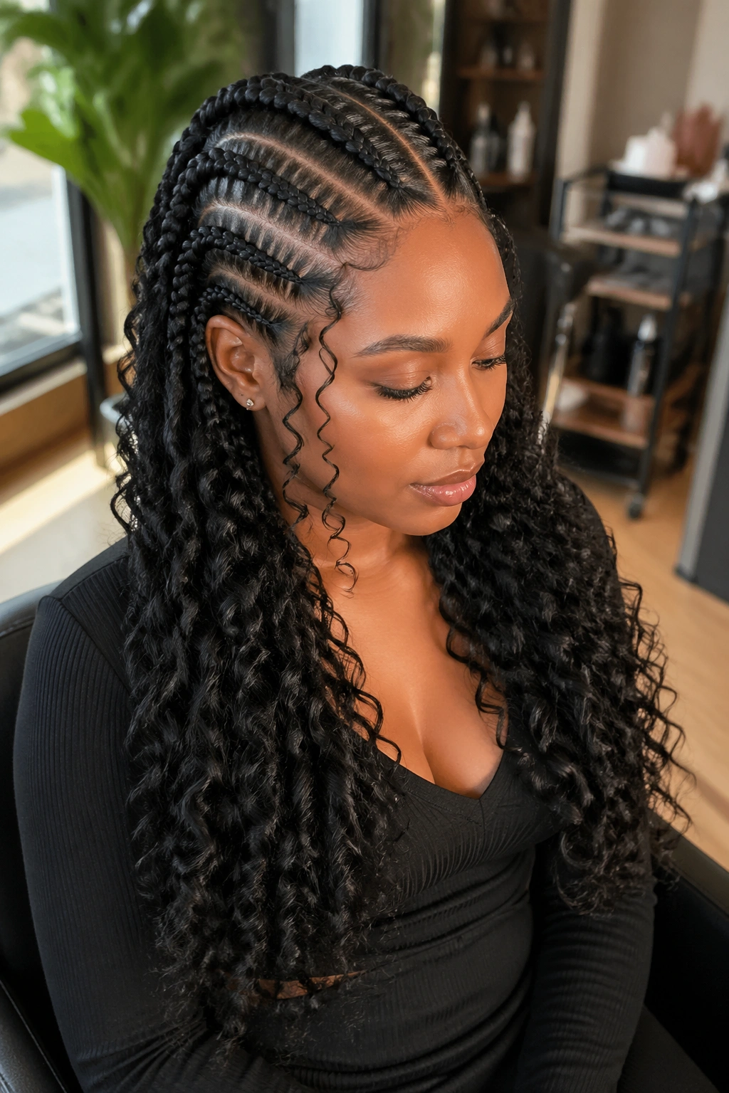 Real person with six to eight back cornrows ending in loose curly kanekalon curls past the shoulders.