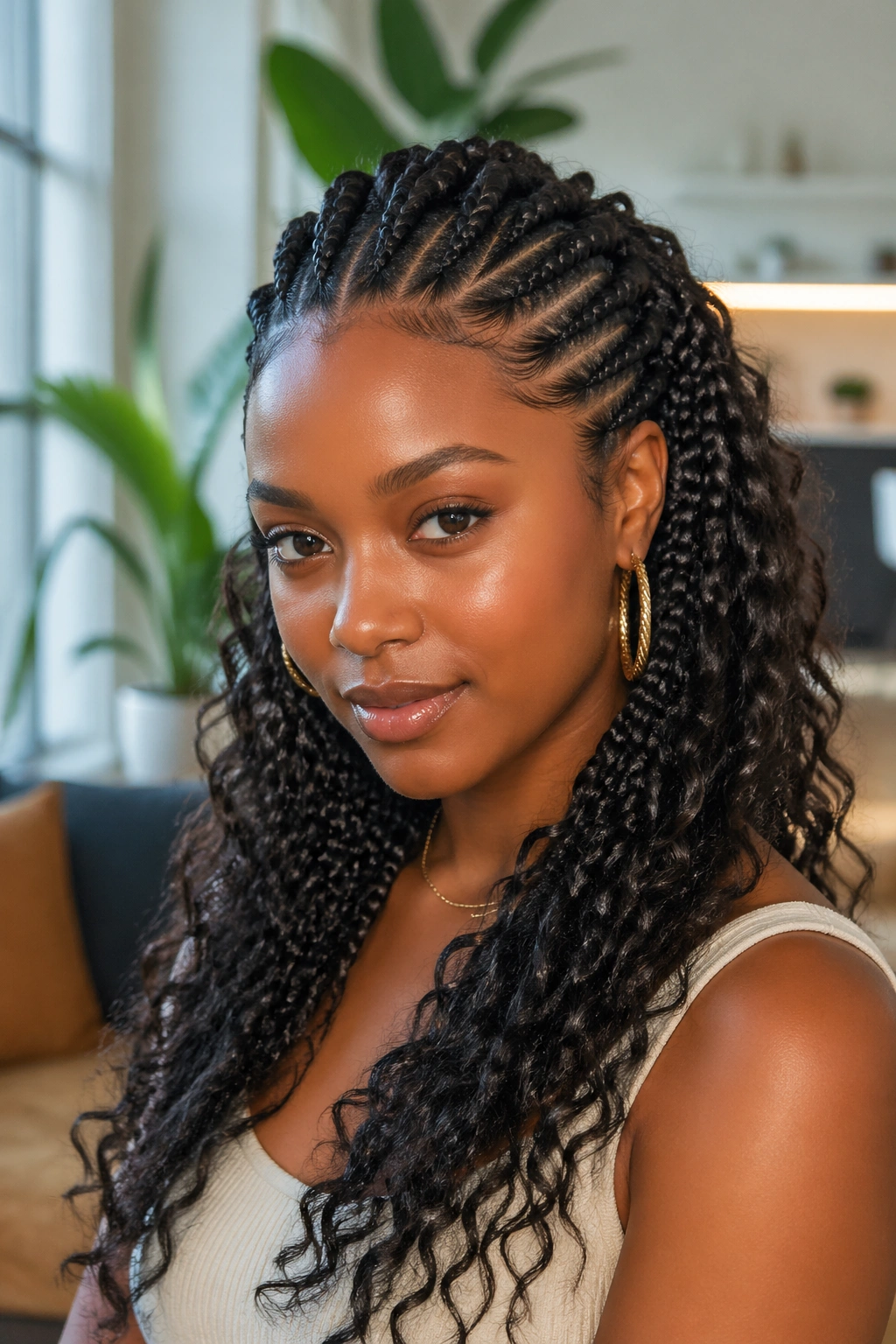 Close-up of a real woman with goddess cornrows ending in curly extensions