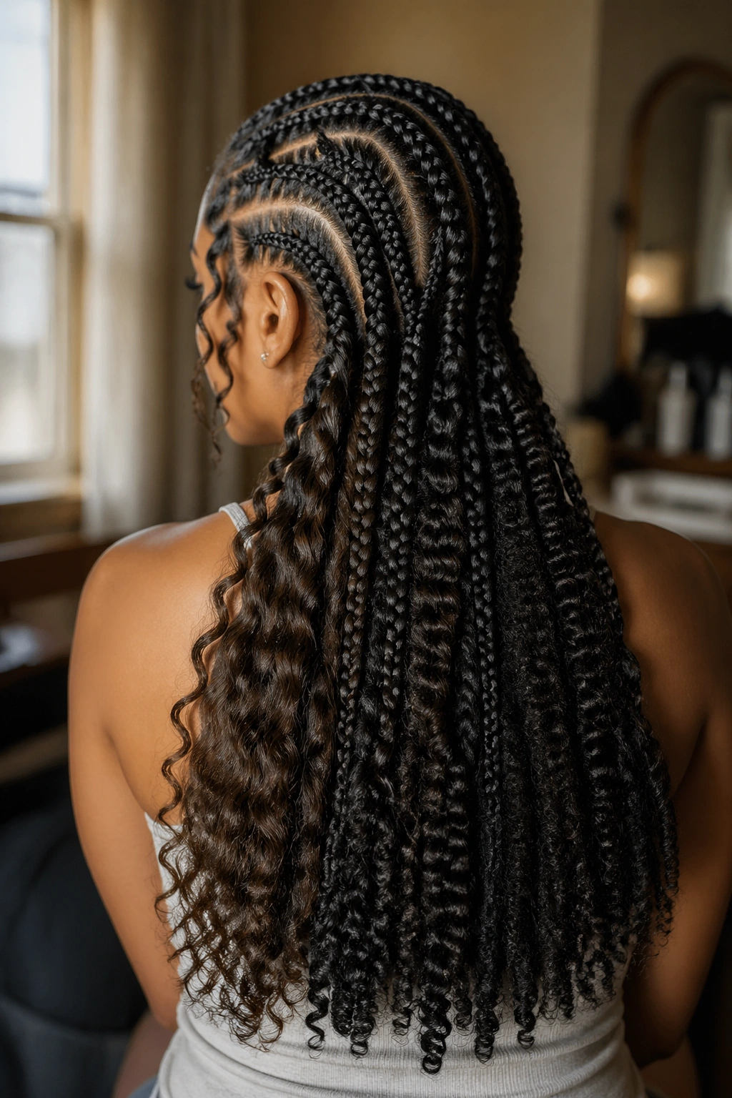 Close-up of goddess cornrows with three distinct end textures: wavy, curly, and kinky.