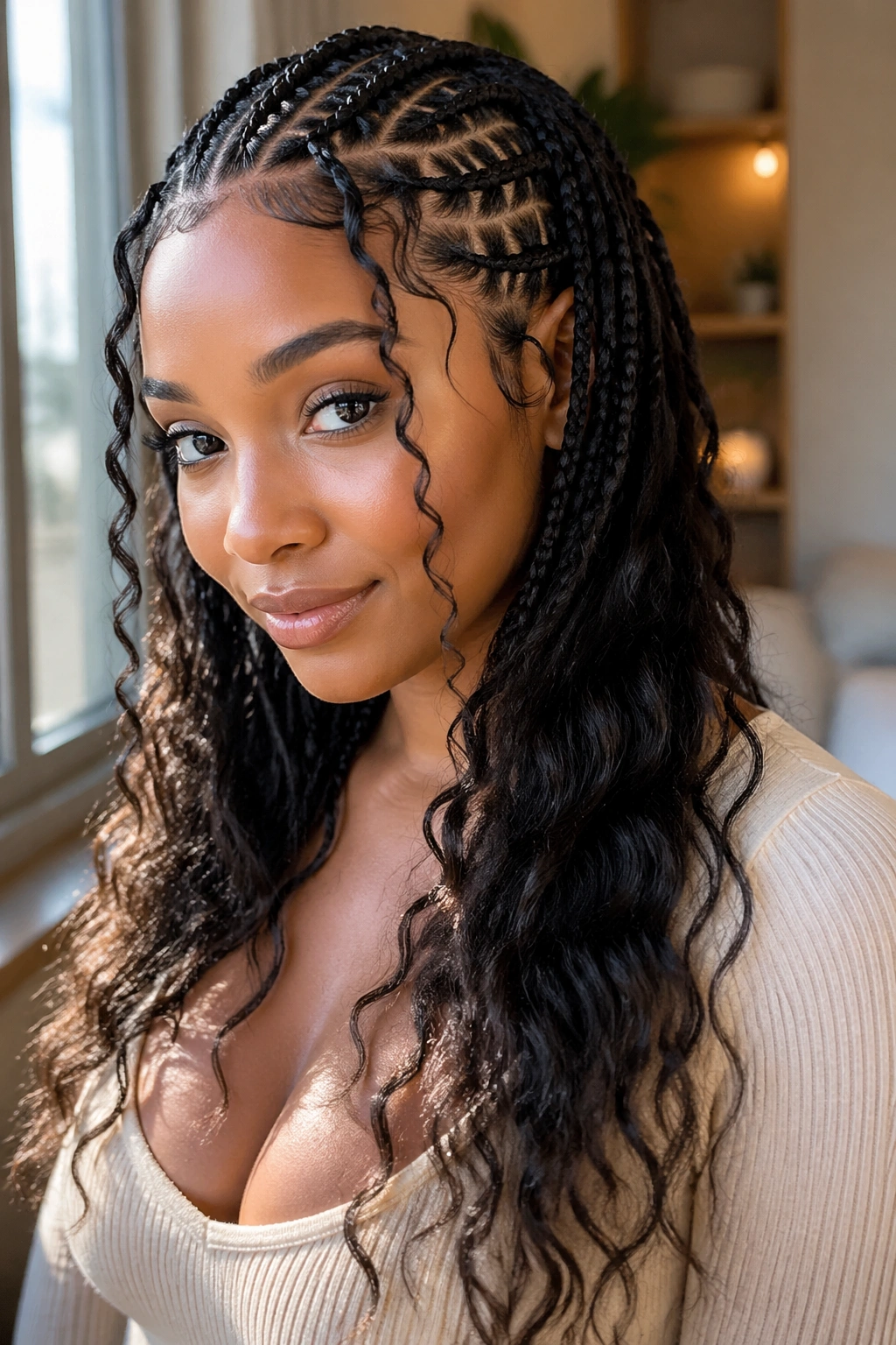 Close-up portrait of a real woman with goddess cornrows showing visible loose ends and soft face-framing strands.