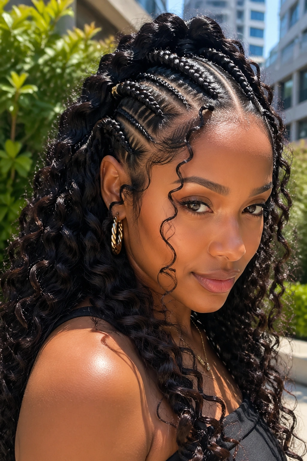 Close-up of a real woman's goddess cornrows with mixed curl textures.