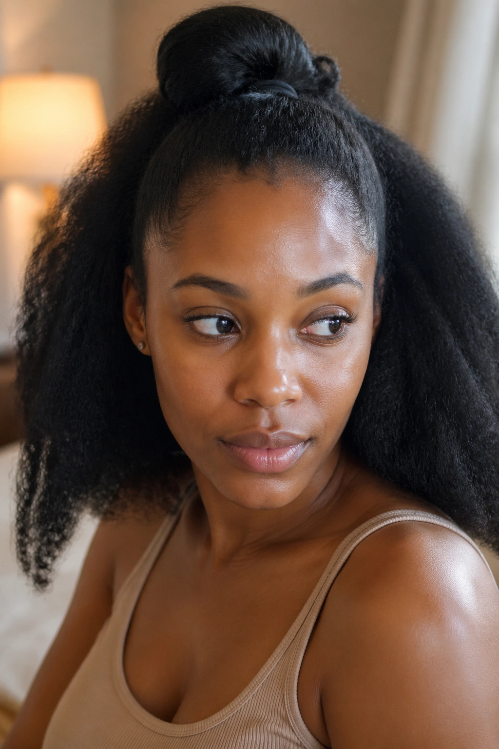 Portrait of woman with stretched hair prepared for goddess cornrows.