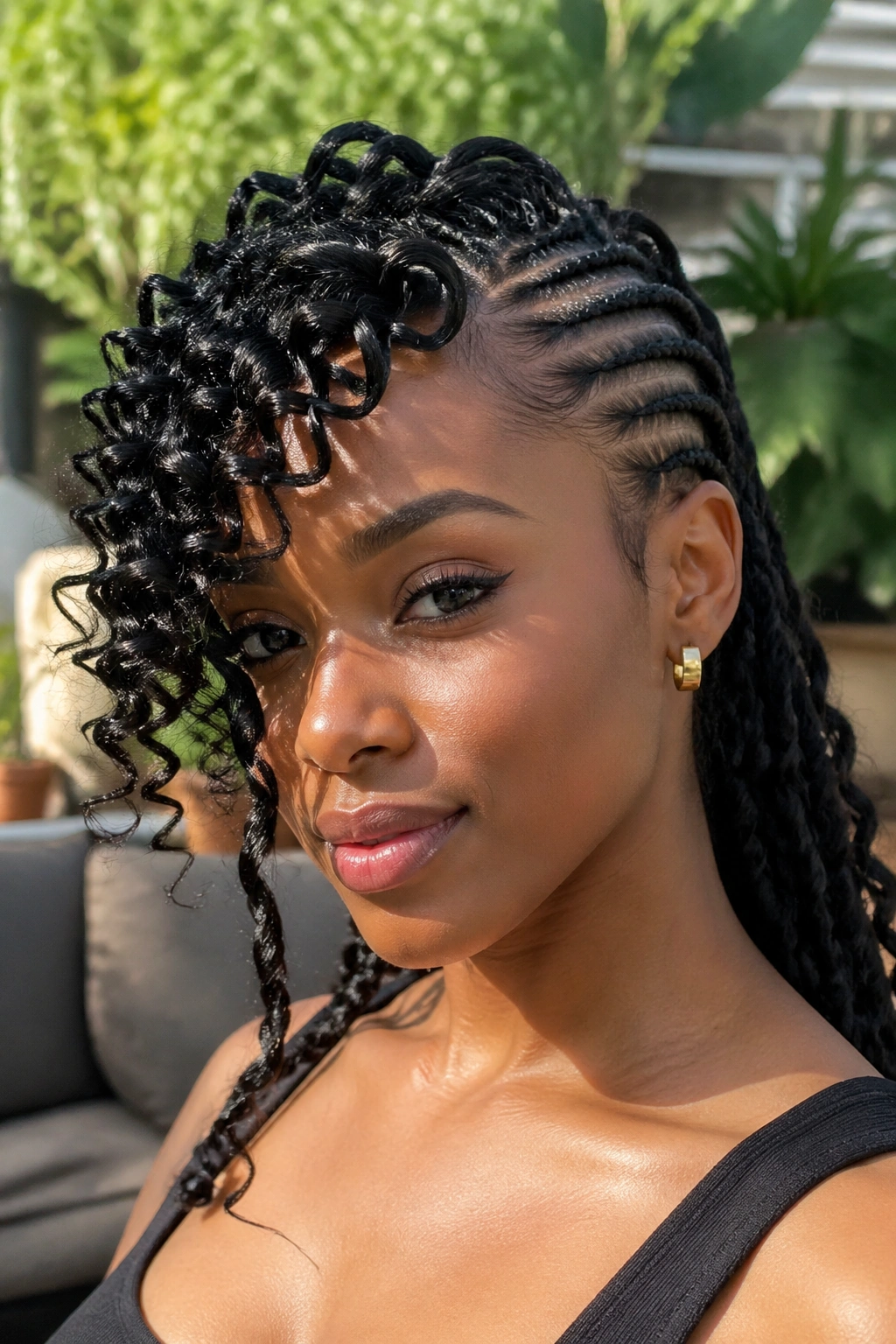Close-up of goddess cornrows with a curly side-fringe across the forehead.