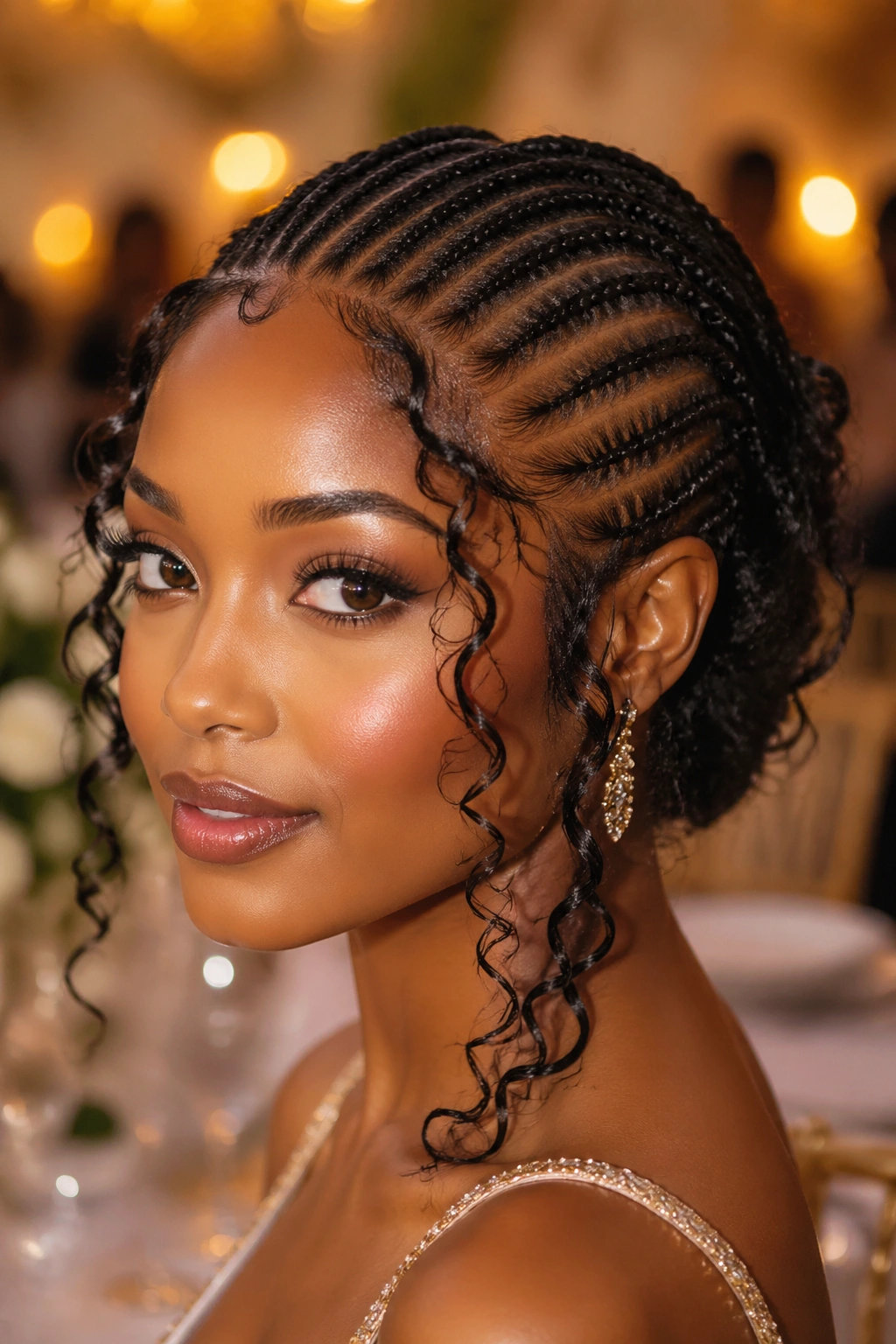 Close-up of a real woman with goddess-touch cornrows and face-framing tendrils