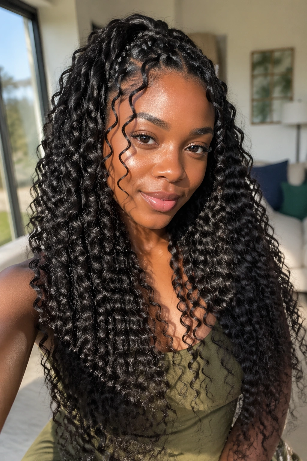 Portrait of a real woman with extra-long goddess crochet curls 24-30 inches in a sunlit room
