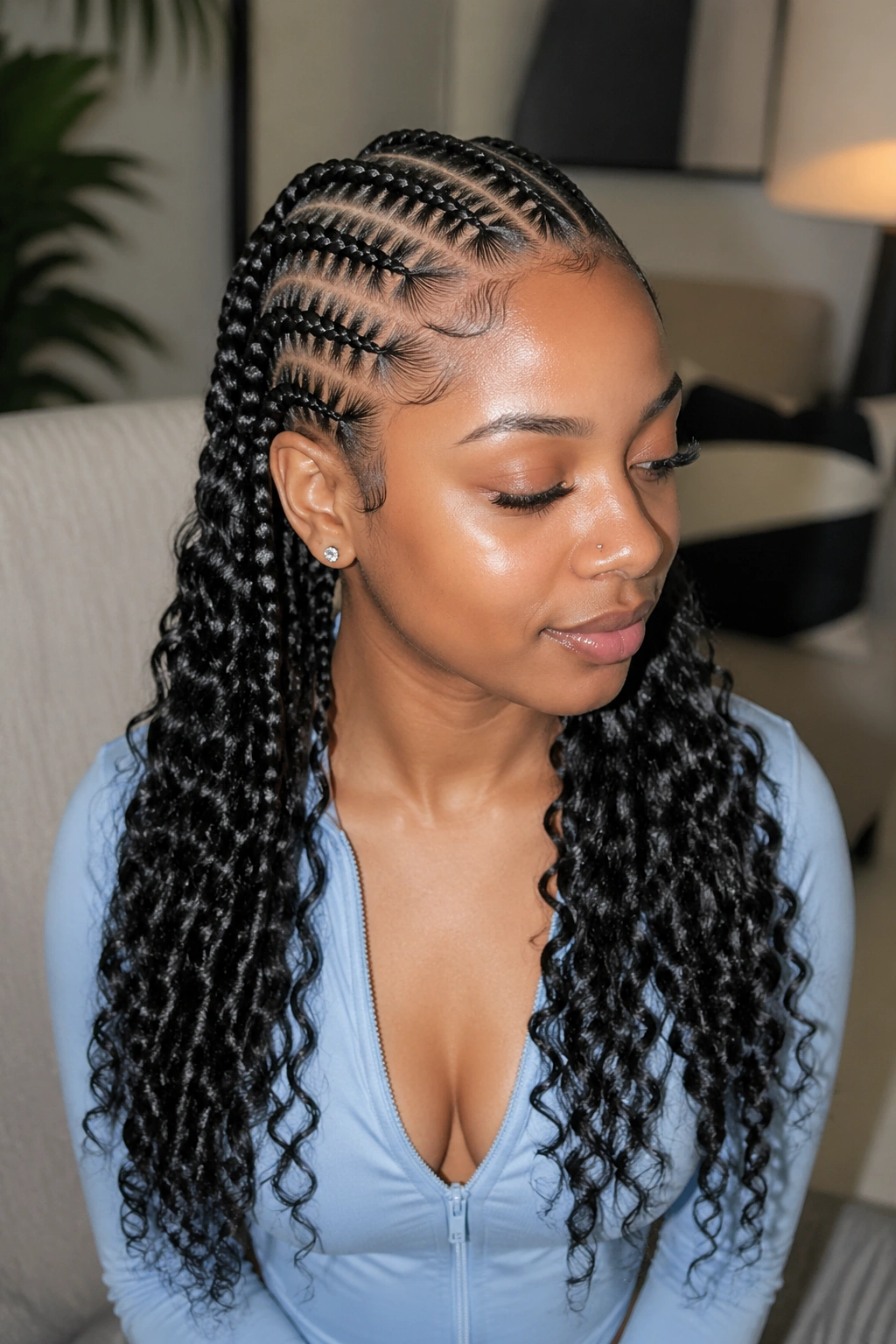 Close-up portrait of a real person with goddess curls at the ends of cornrows