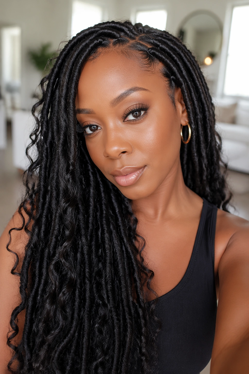 Close-up portrait of a real woman with goddess faux locs and curly tendrils