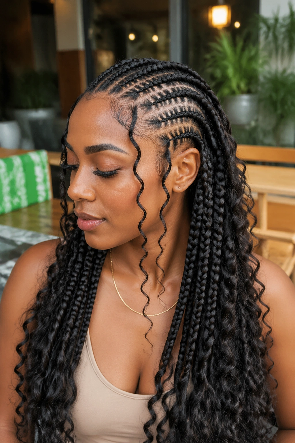 Close-up of feed-in cornrows with gradual thickening along the braid