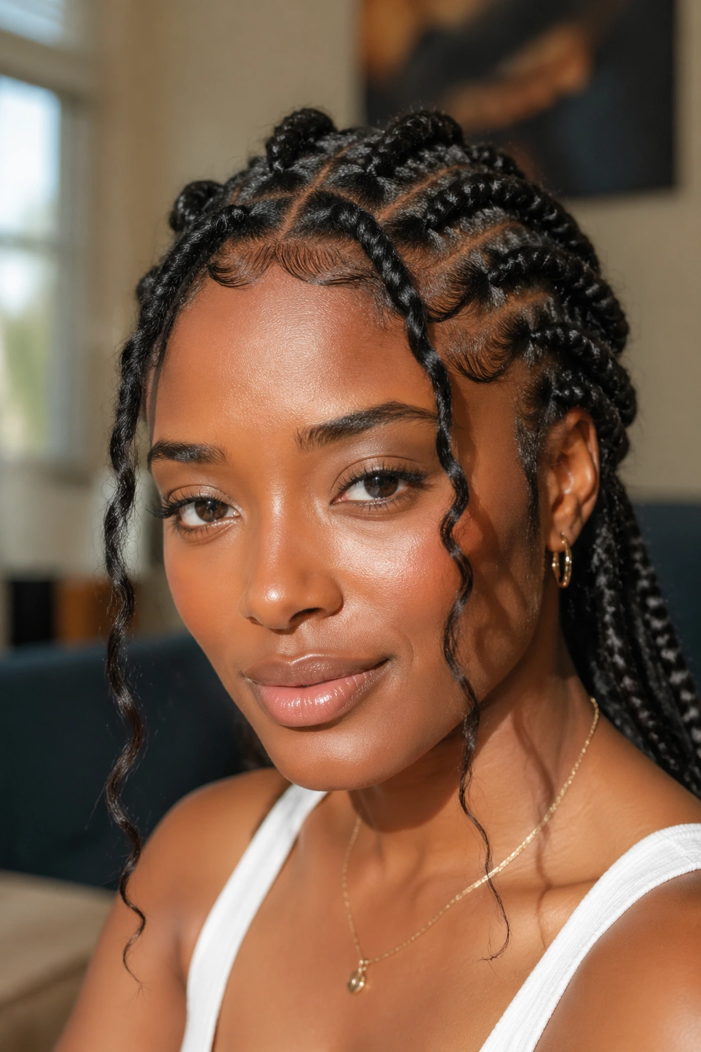 Close-up of a real woman with goddess flat twists and loose face-framing pieces
