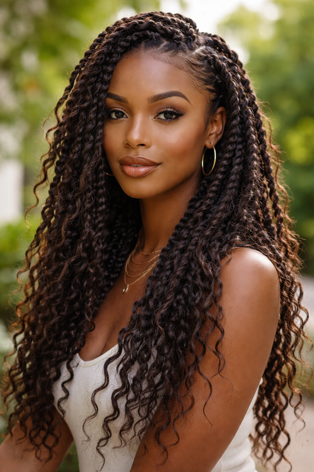 Close-up of a real person with goddess kinky twists and wispy strands