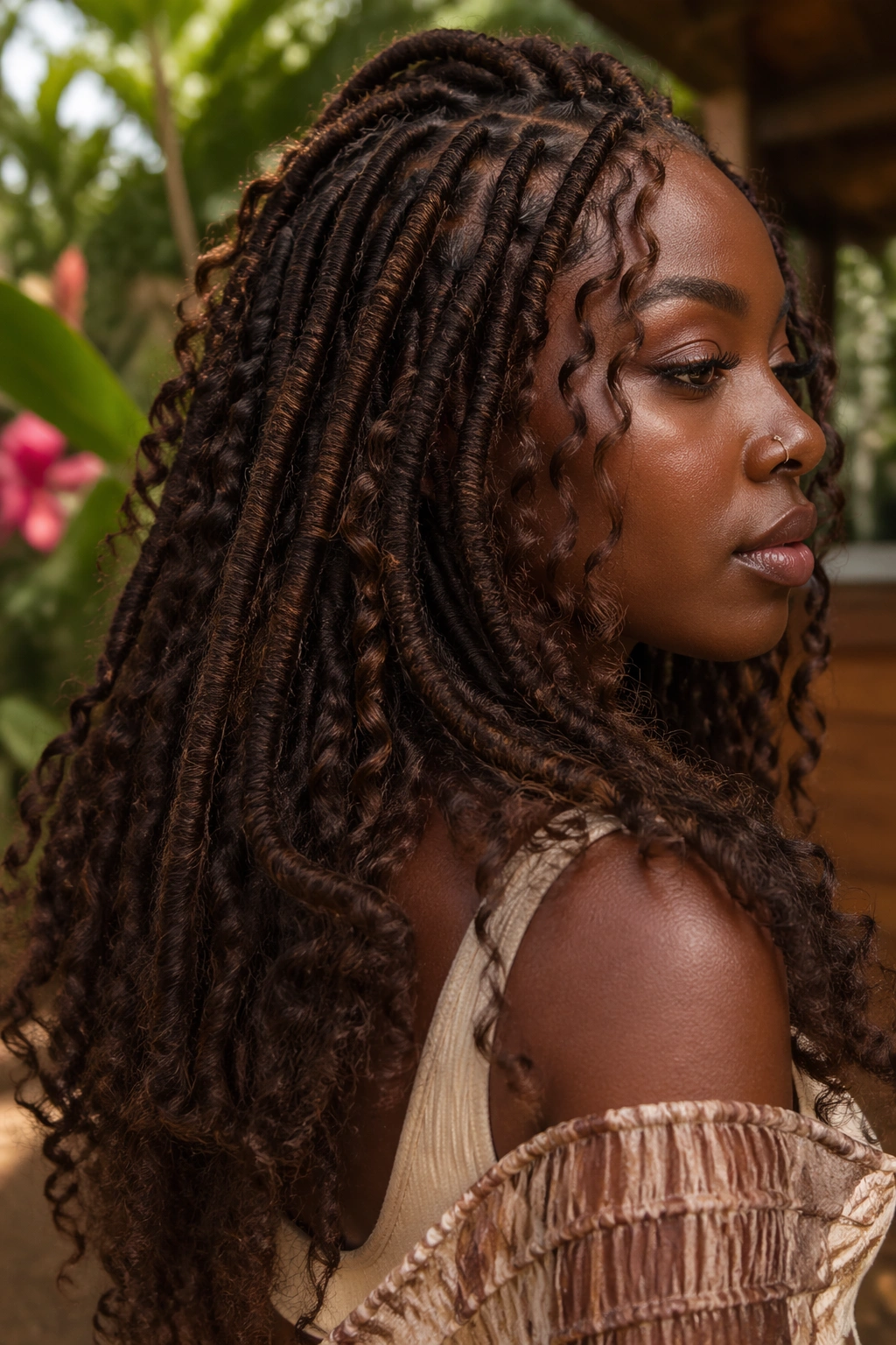 Close-up of a real woman with chocolate brown goddess locs filling the frame