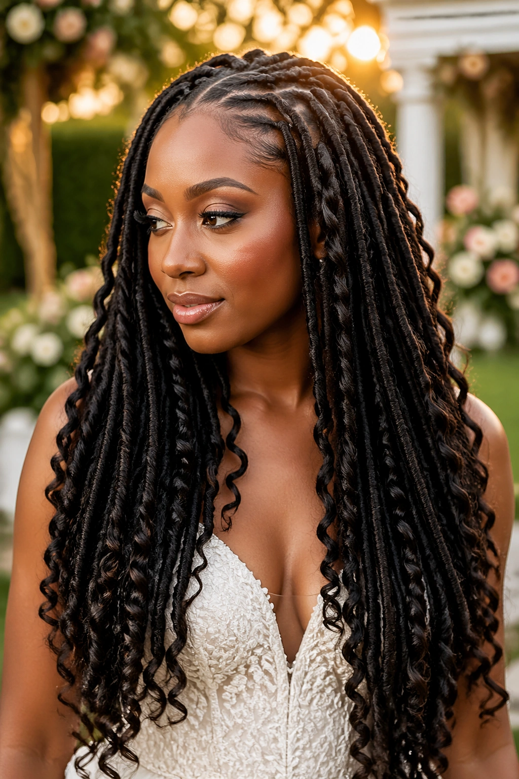 Close-up of real woman with long goddess crochet locs in sunset light
