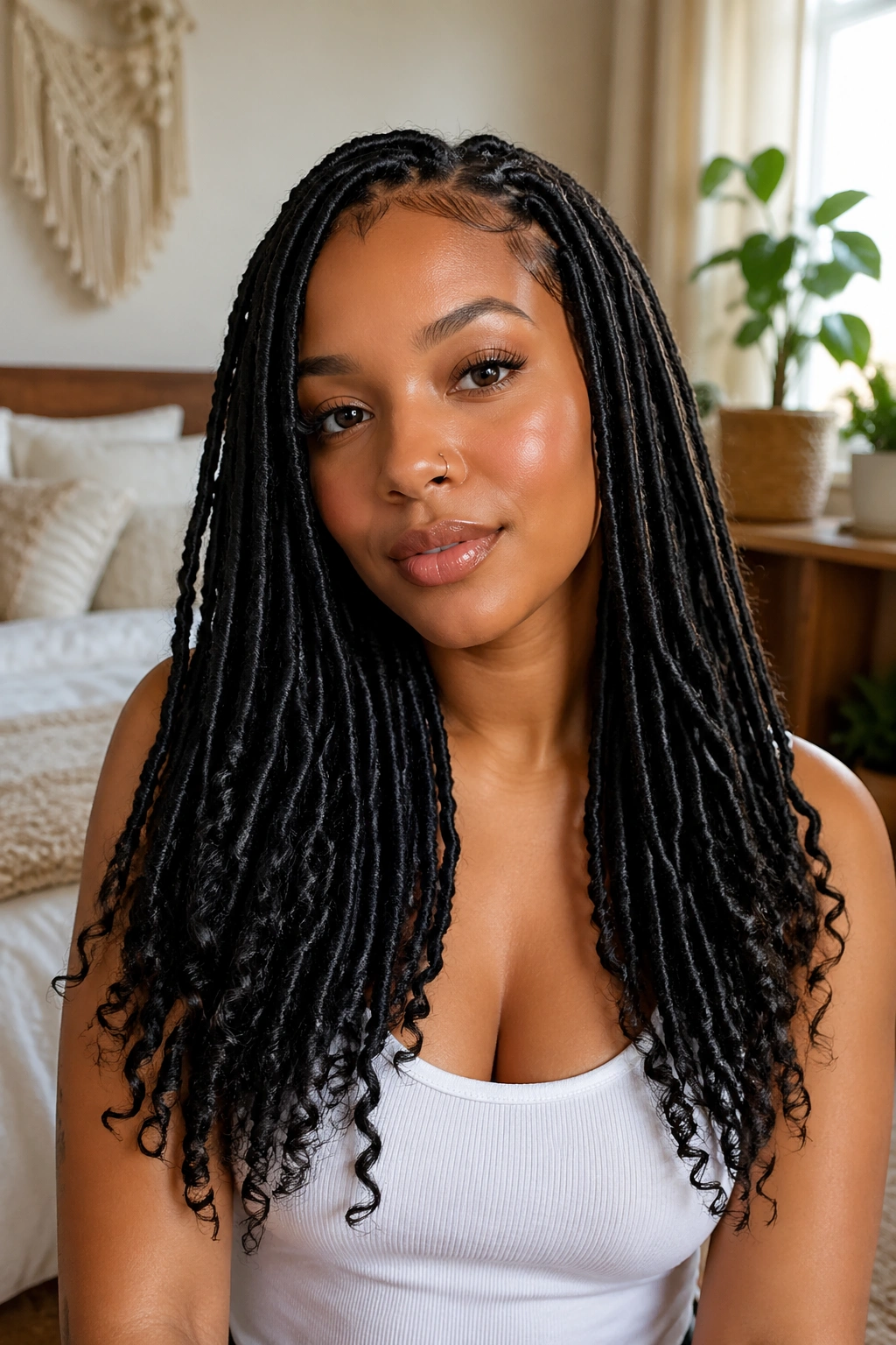 Close-up of a real woman wearing Goddess Locs With Curly Ends