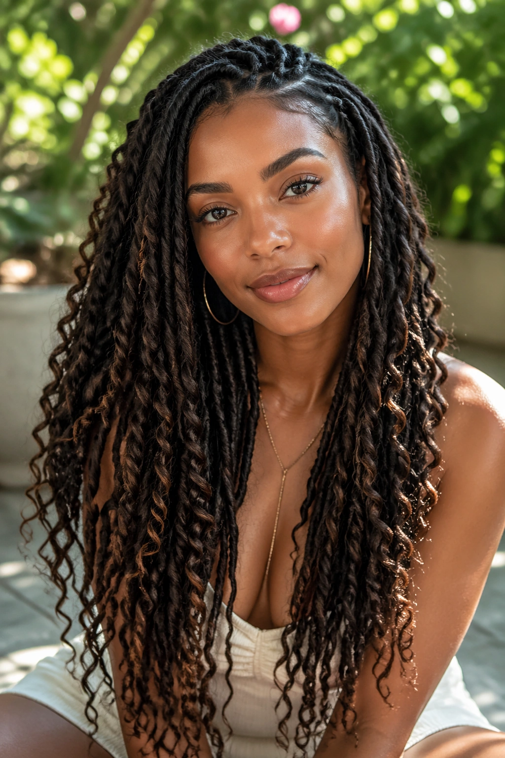 Close-up of a woman with long goddess locs and loose ends.