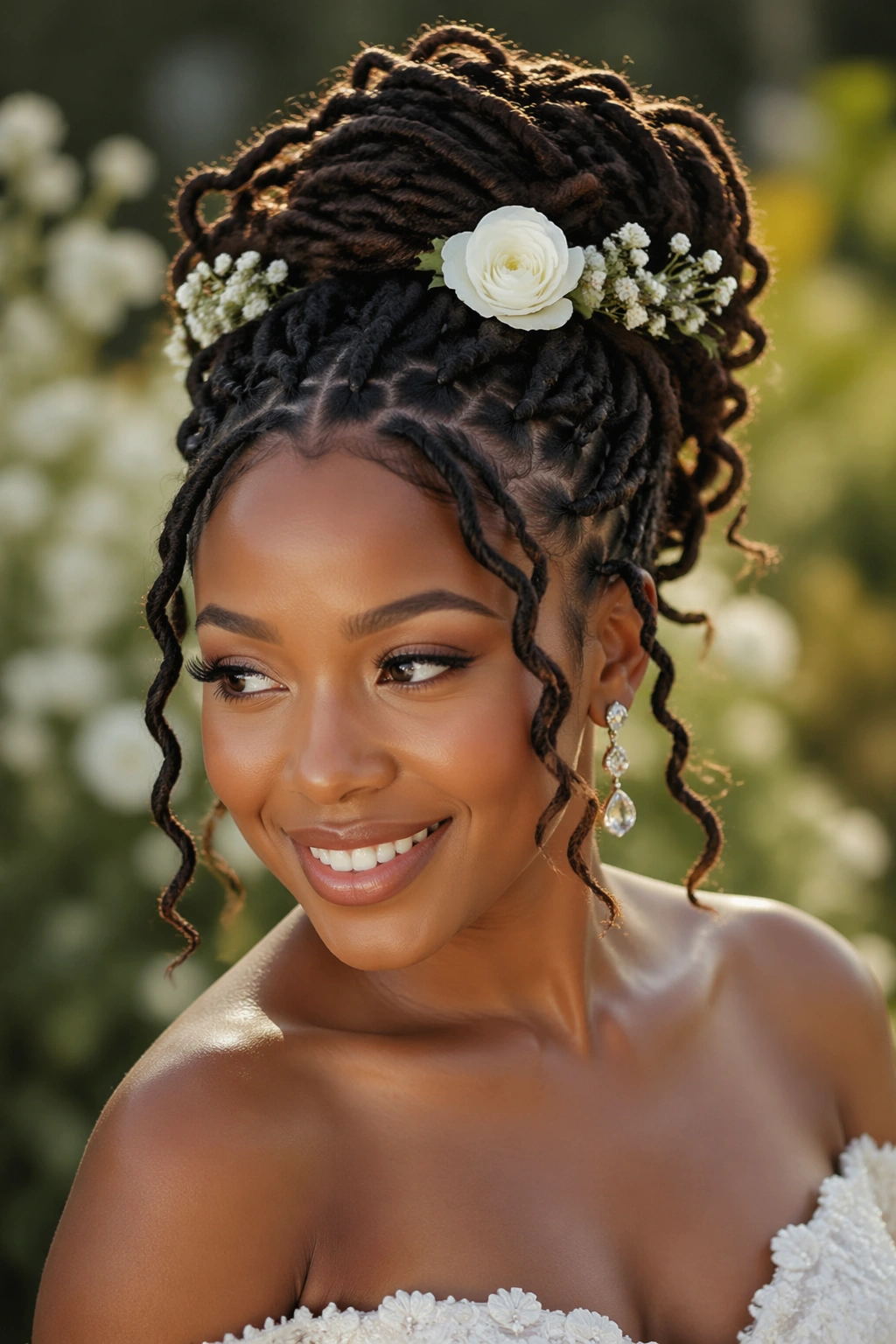Close-up of a real bride with a goddess locs updo and flowers in hair