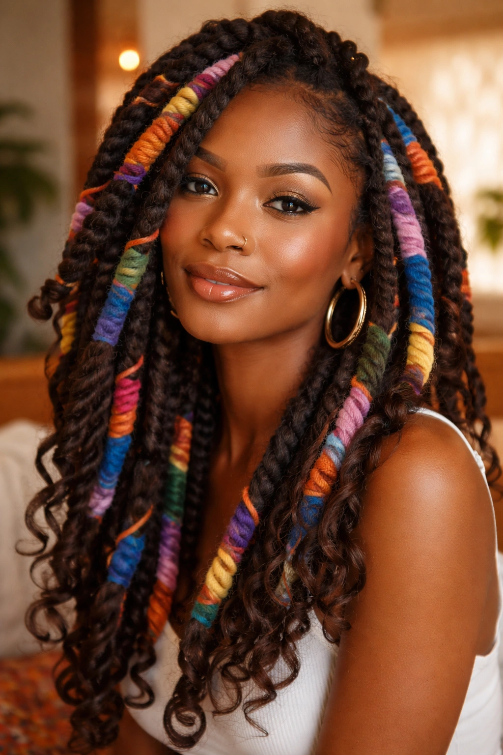 Close-up portrait of a real woman with ten large twists wrapped in colorful yarn for a goddess-loc-inspired look