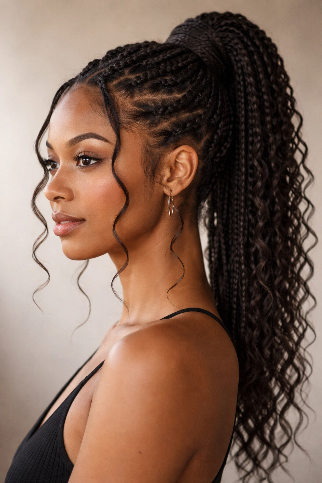 Face-framing tendrils around temples and nape with a high ponytail