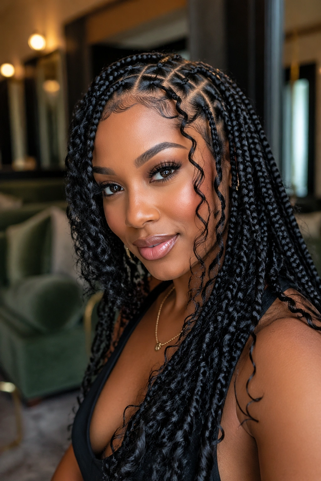 Close-up of goddess triangle-part braids with curly loose pieces on a real person