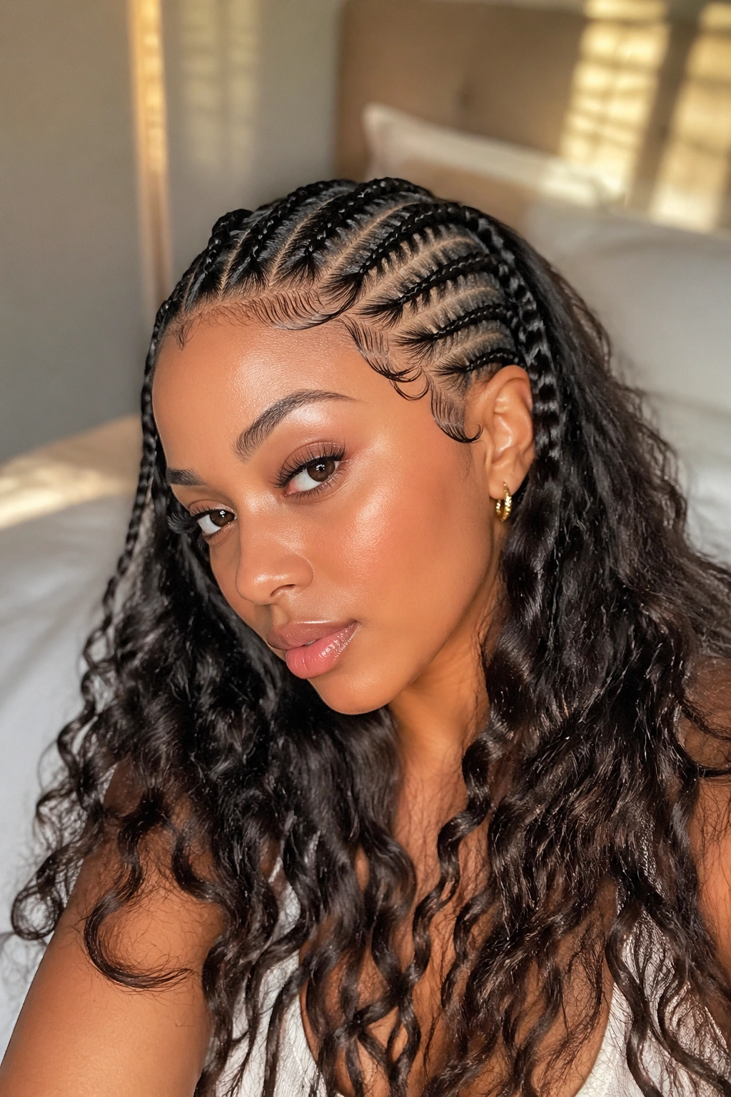 Close-up of goddess tribal cornrows transitioning to loose, wavy ends