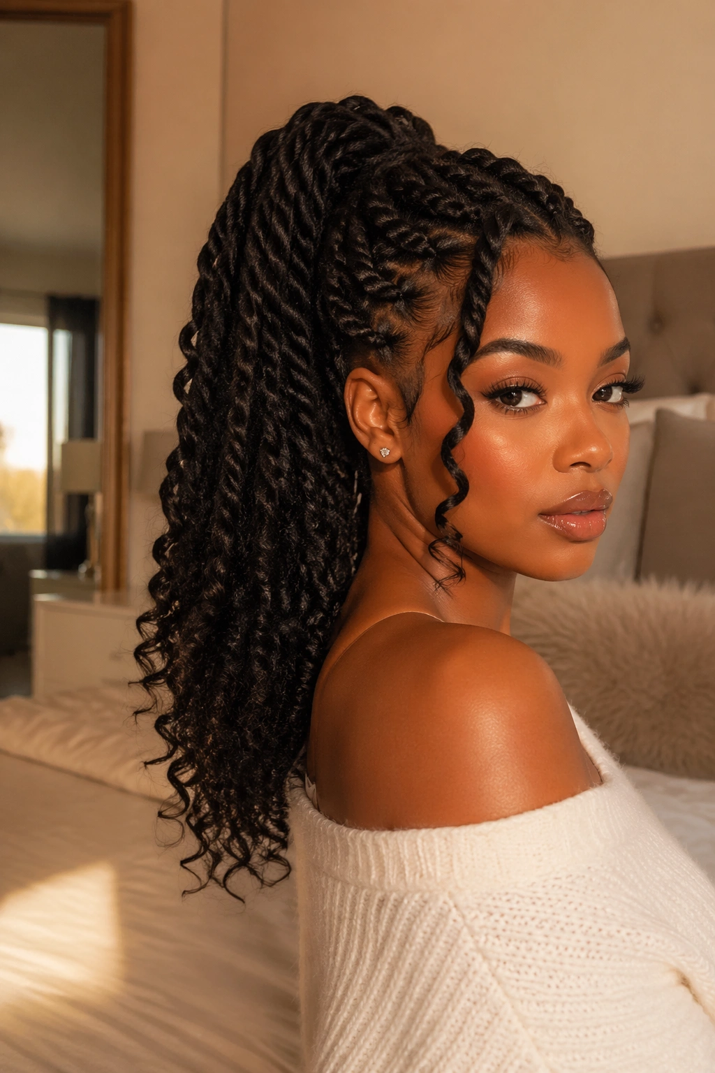 Close-up portrait of a real woman with goddess twists and curled ends