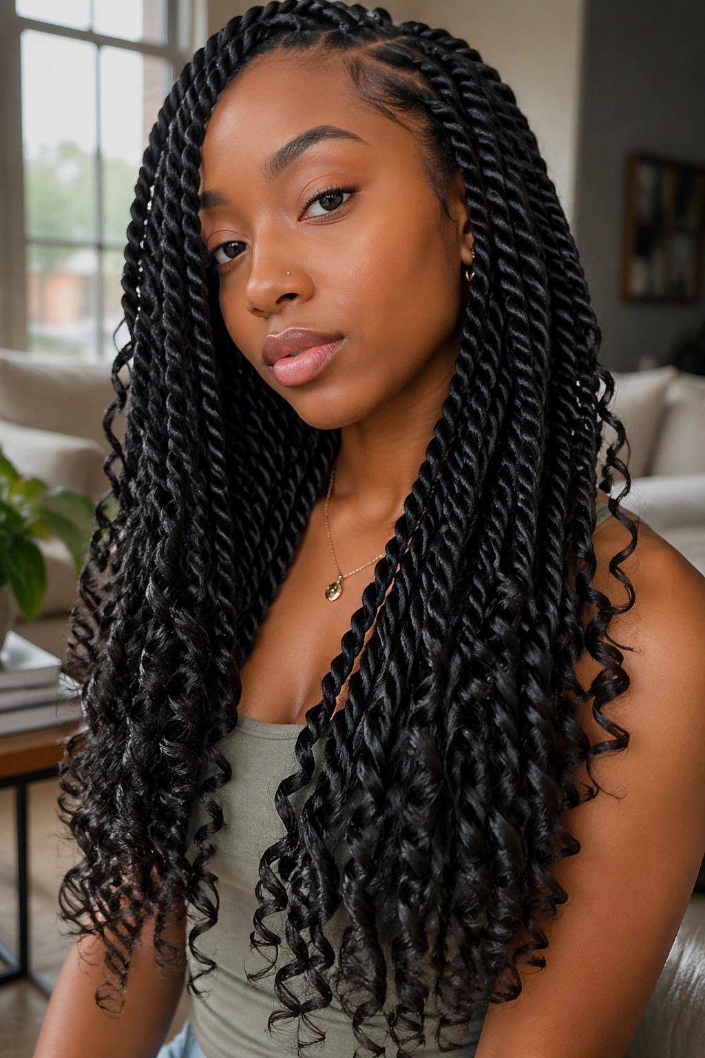 Close-up of real woman with goddess twists and curly ends.