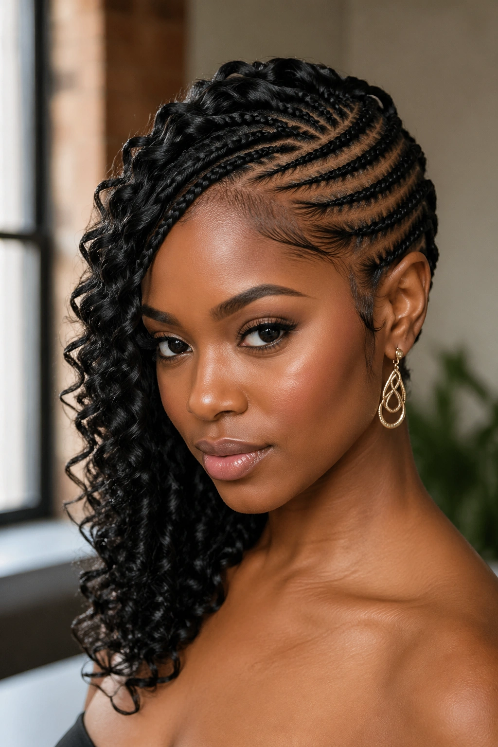 Close-up portrait of a real woman with side-swept goddess updo featuring angled cornrows and cascading curl over the shoulder.
