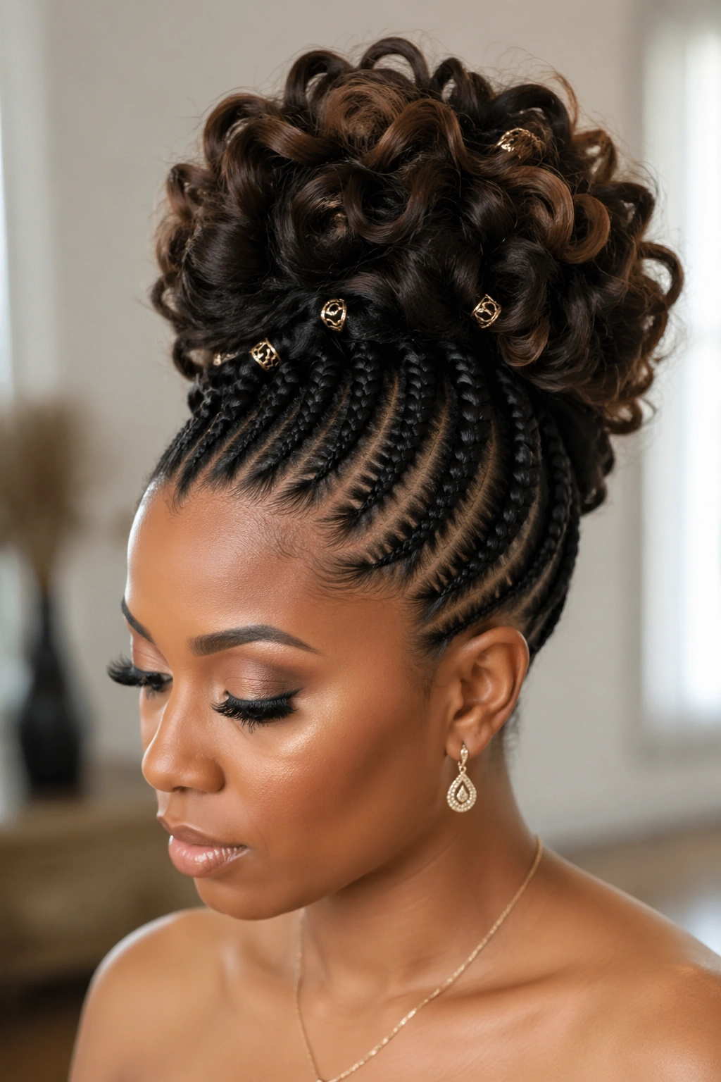 Close-up of a real woman with goddess updo featuring tight base cornrows and curly accents