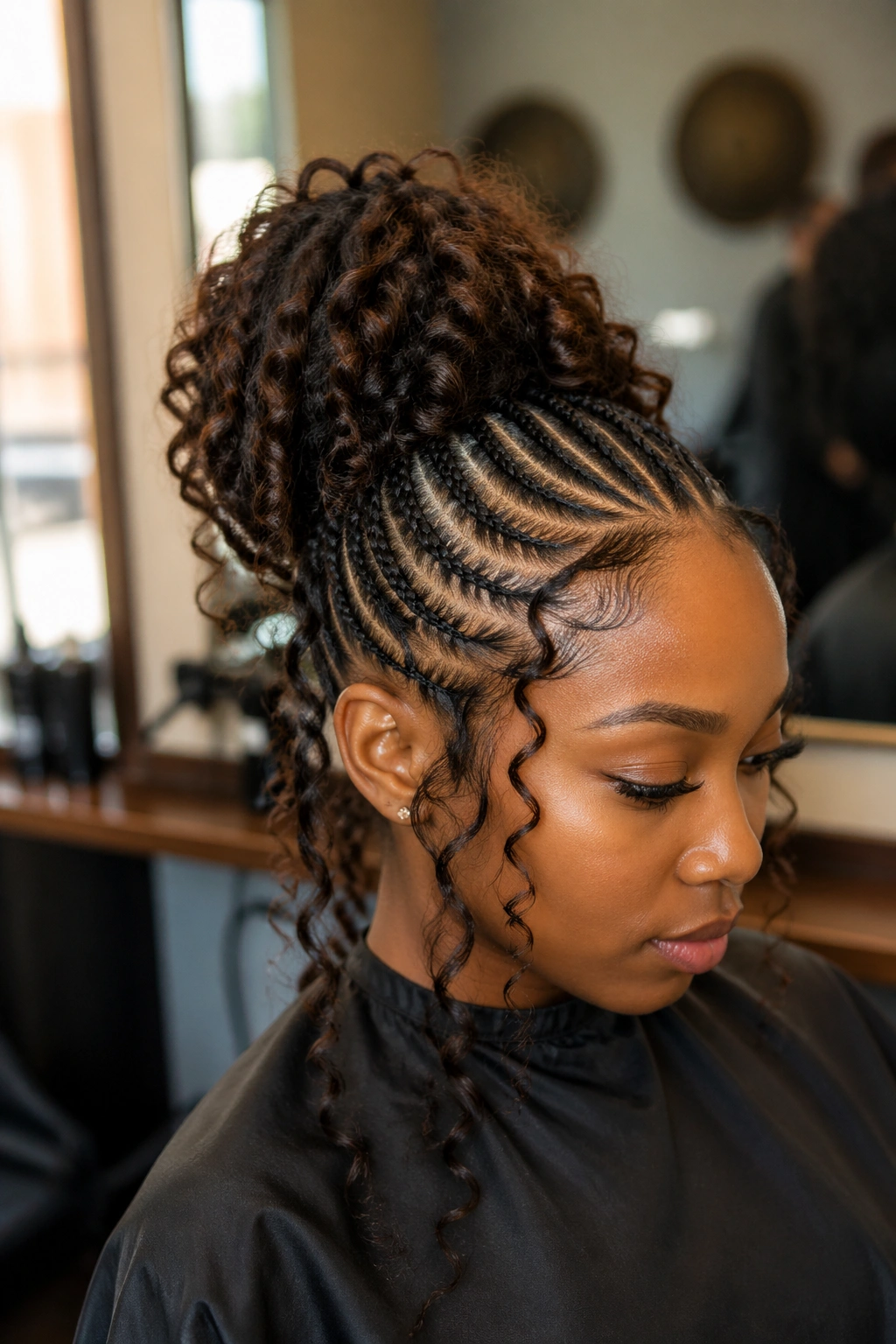 Close-up of goddess updo texture options on a real person in a salon
